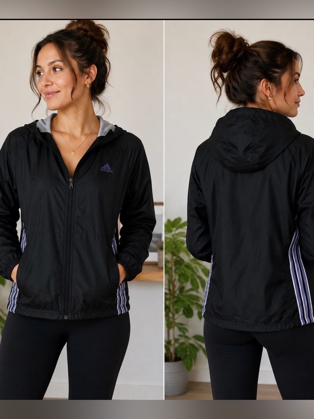 Adidas Windbreaker with Hood  (Black with Violet & White Stripes) Size Medium
